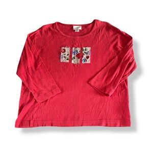 [Top Stitch] Red Floral Embroidered Patches Top